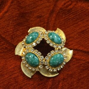 Vintage Gold tone Four Green Marbled Glass Cabochon Rhinestone Pendant